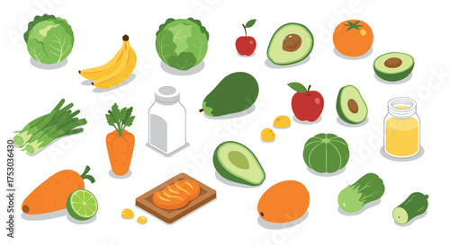 Colorful collection of fresh fruits and vegetables in isometric style