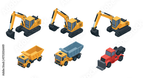 Isometric construction vehicles set featuring excavators, dump trucks, and bulldozer
