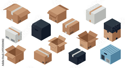 Isometric cardboard boxes in various shapes and sizes