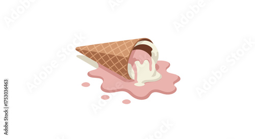 Flat design fallen ice cream cone with melting strawberry and vanilla drip