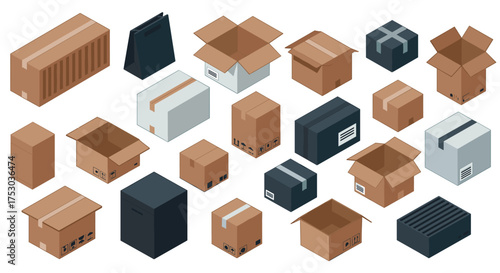 Isometric cardboard boxes collection for packaging and shipping designs