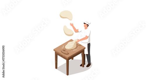 Baker tossing pizza dough in kitchen isometric art