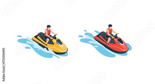 Isometric jet ski adventure with riders on yellow and red skis