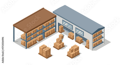 Modern warehouse logistics with cardboard boxes and shelving
