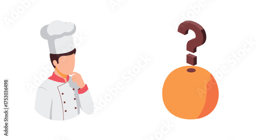 Chef contemplates mysterious orange fruit with suspenseful question mark