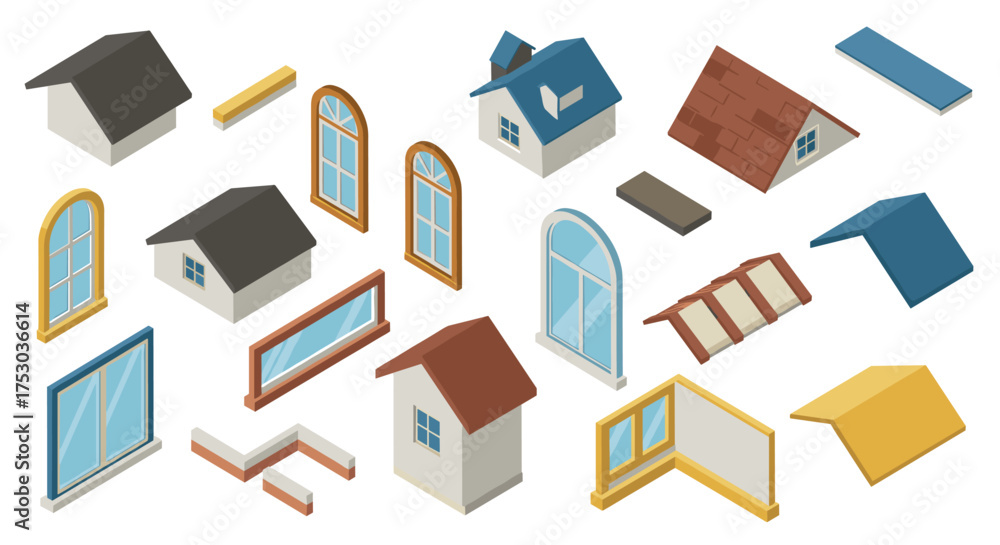 Fototapeta premium Isometric house parts and architectural elements for construction design