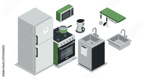 Stylish isometric kitchen appliances with green accents