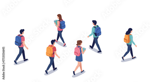 Isometric students walking with backpacks on campus pathway