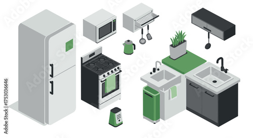 Modern kitchen essentials in isometric style featuring appliances and utensils