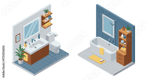 Modern isometric bathroom interior with tub, sink, and plants