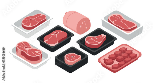 Isometric meat packaging collection with varied cuts in containers