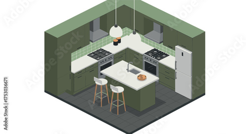 Modern isometric kitchen design with green cabinets and island