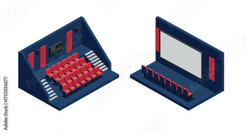 Isometric cinema auditorium and stage with red seats and projector screen