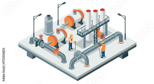 Isometric industrial plant with workers and pipelines in energy sector infrastructure