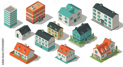 Isometric building collection featuring diverse residential and commercial structures