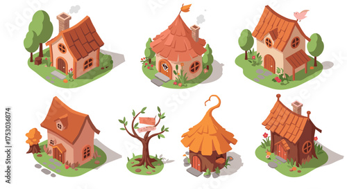 Charming fairy tale cottages and whimsical tree set in isometric style