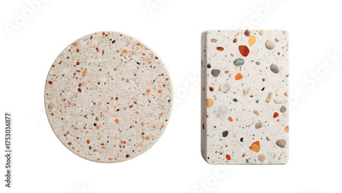 Two terrazzo samples, round and rectangular isolated on transparent background