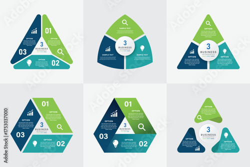 3 Steps Triangle Business Infographic Options Layout with Icons and Circular Center, Collection Set