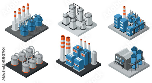 Isometric industrial factory icons set featuring refineries and power plants