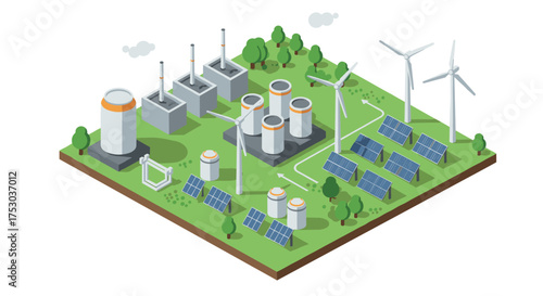 Sustainable energy isometric design featuring solar panels, wind turbines, and industrial elements