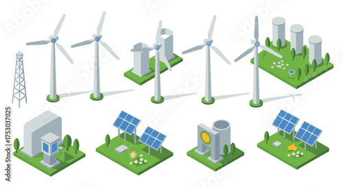 Sustainable energy icons set featuring solar panels and wind turbines in modern isometric design