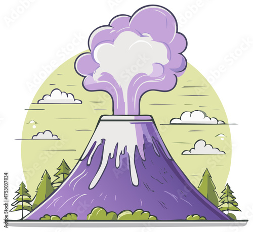 Illustration of a purple volcano erupting with smoke and lava flows surrounded by trees and clouds