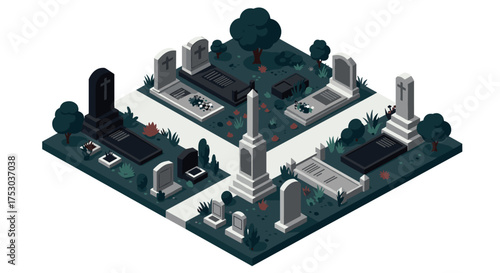 Isometric cemetery scene with tombstones and trees