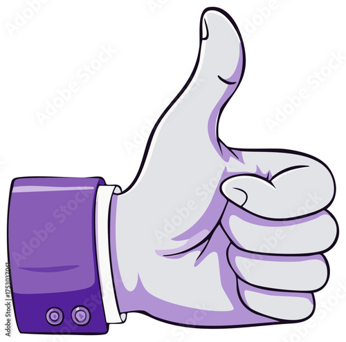 Cartoon hand giving thumbs up with purple suit sleeve, success concept