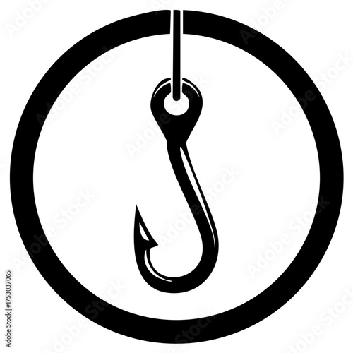 Stylized Black Fishhook Hanging Inside Circular Outline Graphic Symbol Fishing Bait Trap