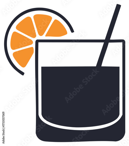 Stylized Illustration of a Glass with a Drink, Straw, and Orange Garnish on White