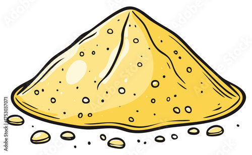 Cartoon drawing of a yellow granular pile with scattered grains and textured surface