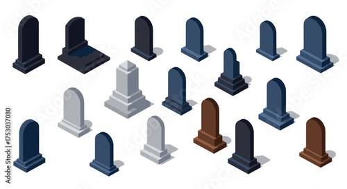 Isometric tombstones set with varied colors and designs on white background