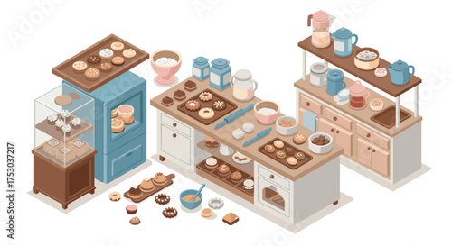 Isometric bakery setup with cookies and baking utensils on display