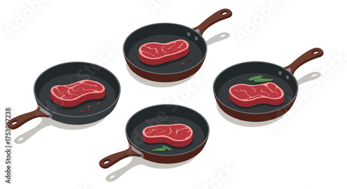 Isometric frying pans with raw steaks and seasonings