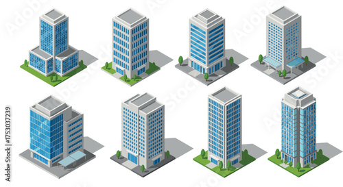 Isometric modern office buildings collection with glass facades