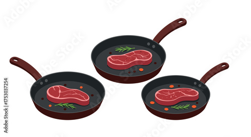 Delicious steaks in frying pans with herbs and peppercorns on white background