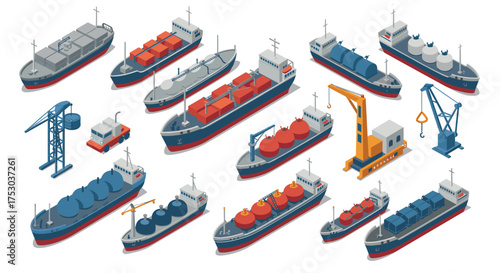 Isometric cargo ships and shipping equipment set for maritime transport