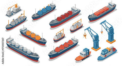 Isometric cargo ships and cranes collection for maritime transport design