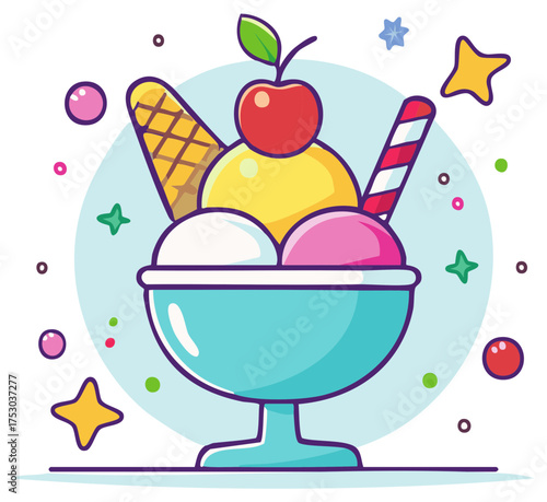 Ice Cream Sundae Illustration with Waffle, Candy Cane, Cherry, and Stars in Cartoon Style