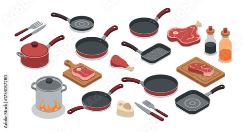 Isometric kitchenware and meat scene: pots, pans, and ingredients for culinary concepts