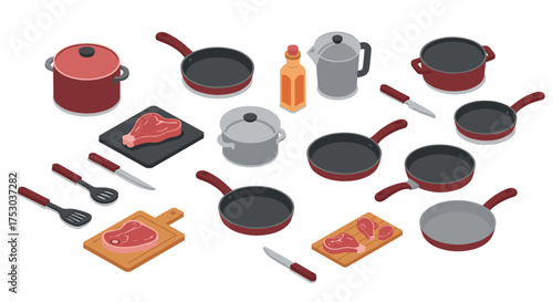 Isometric kitchenware collection featuring cookware and utensils for culinary enthusiasts