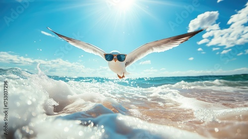A fashionable bird in sunglasses, flying gracefully over the ocean waves under a bright sun.
