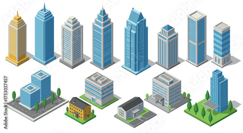 Modern isometric skyscrapers and buildings set for urban design projects