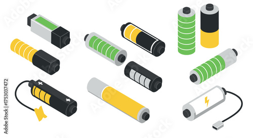 Isometric battery icons set with various charge levels and colors