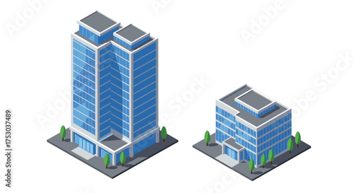 Modern isometric buildings with glass facades and trees