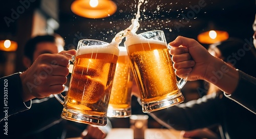 Friends toasting with frothy beer mugs clinking celebration