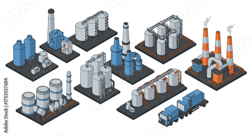Industrial isometric icons of factories and power plants with chimneys and tanks