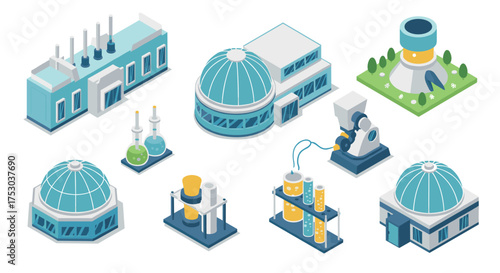 Isometric industrial complex with modern facilities and technology elements