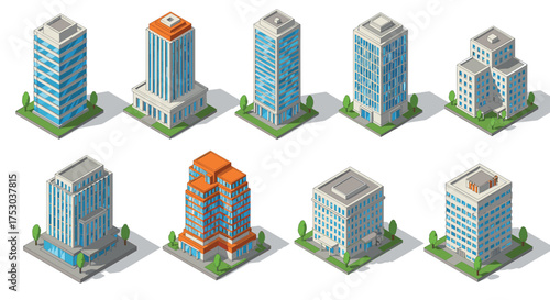 Diverse isometric building collection showcasing urban architecture