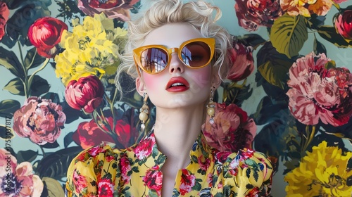 A fashion-forward blonde model wearing sunglasses and a bold flower-patterned outfit, set against a painted, vintage floral background.
